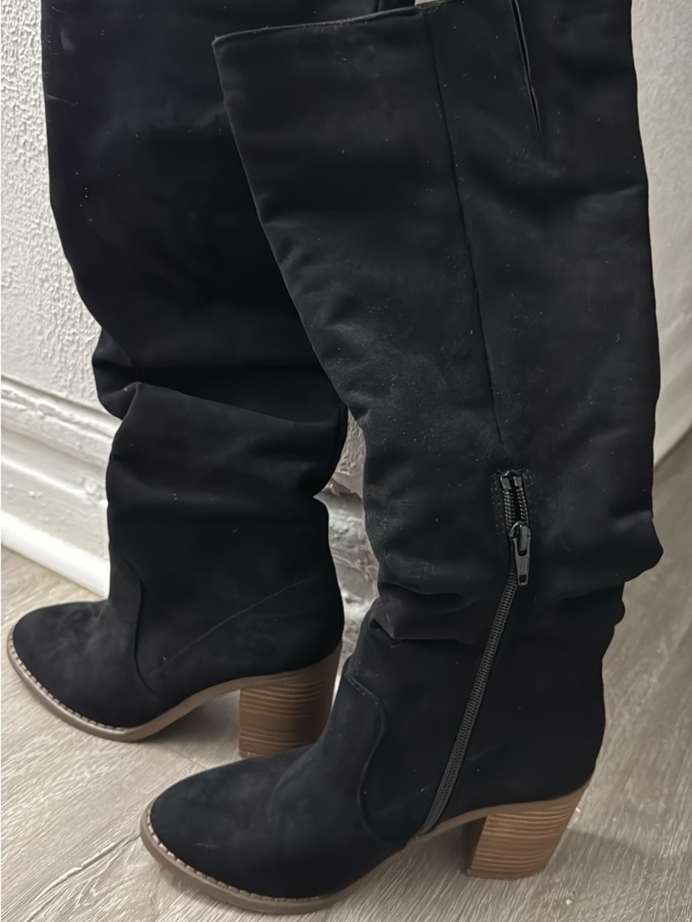 Tall Black Suede-Look Stacked Heel Boots with Side Zip - Picture 4 of 6